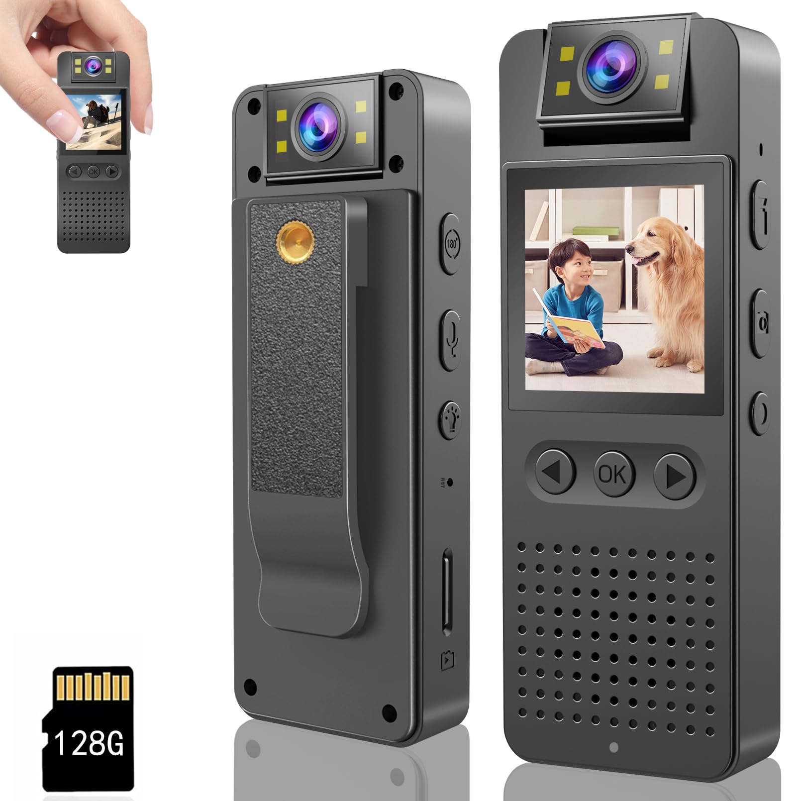Honghoo 128Gb Pocket Camcorder,Body Cameras With Audio And Video Recording.180Rotatable Lens True Hd 1080P 1.4 In Screen To Play